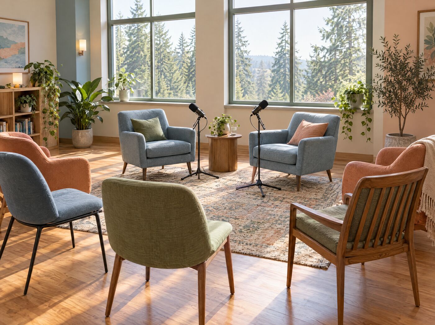 Concept image of a podcast set: two armchairs and microphones in a sunlit room, surrounded by audience chairs.